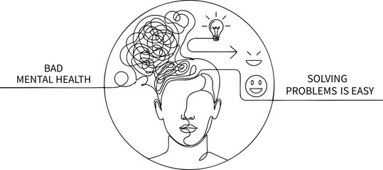 Mental Health to Clarity Line Art – Problem Solving Mind Illustration.
