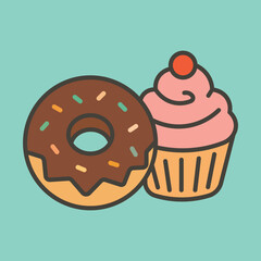 Cute Donut and Cupcake Illustration – Kawaii Dessert Vector for Bakery and Sweet Food Designs