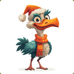 Vector illustration of a festive ostrich wearing a Santa hat and scarf, standing upright, isolated on a white background