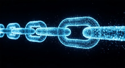 Abstract glowing blue digital chain links on a dark background