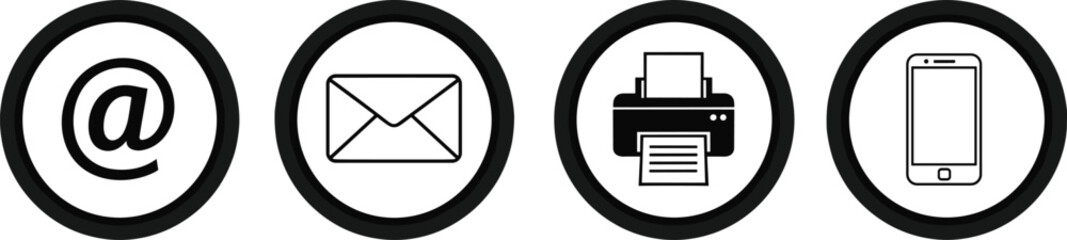 Professional Black and White Round Icons Set for Communication and Business, Including Email, Mail, Printer, and Mobile Phone Symbols.