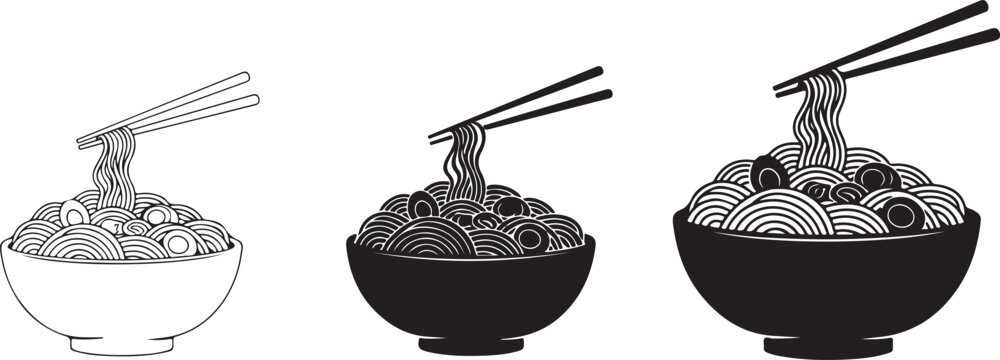 Three stylized bowls of noodles with chopsticks, black and white illustrations