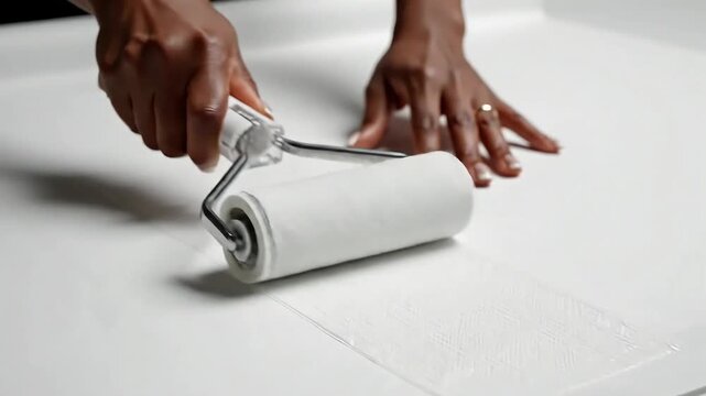 Close-up of dark-skinned hands smoothing a transparent adhesive film onto a pristine white surface using a small white roller, ideal for crafting tutorials and product demonstrations.