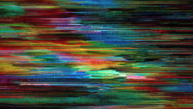 Dynamic abstract art featuring vibrant, pixelated horizontal lines in a rainbow of colors, evoking a digital glitch or data stream aesthetic.