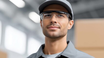 Delivery worker in uniform stands indoors while turning his head slightly as he checks directions and adjusts focus, maintaining a calm professional expression in a bright warehouse setting - Powered by Adobe