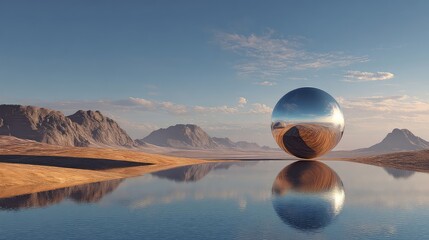 Discover a serene desert landscape featuring a mirrored sphere reflecting the sky and mountains, offering a modern and tranquil escape for your next project