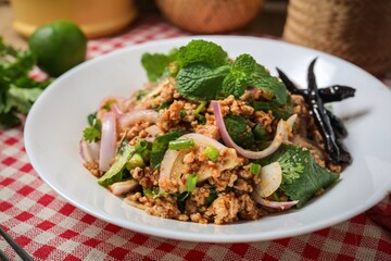 Spicy Minced Pork Salad, thai isan food, thai called Larb Moo	