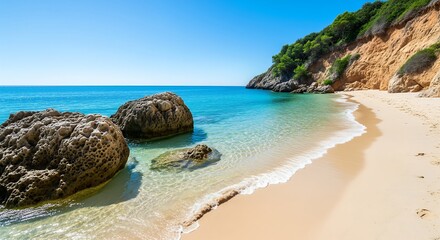 Secluded beach with clear turquoise water, sandy shore, rocks