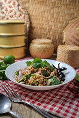 Spicy Minced Pork Salad, thai isan food, thai called Larb Moo	