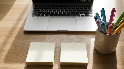Clean top-down shot of a light wood workspace featuring a laptop, sticky note pads, and a pen cup under bright sunlight, ideal for planning and remote working advertisements.