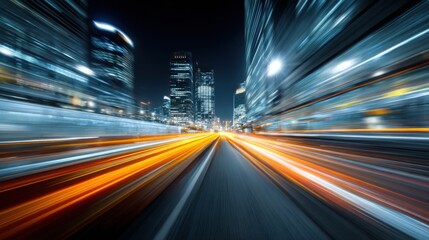 Bright city lights streak across a night sky, showcasing a bustling urban landscape. Skyscrapers and vibrant energy create a sense of motion and excitement.