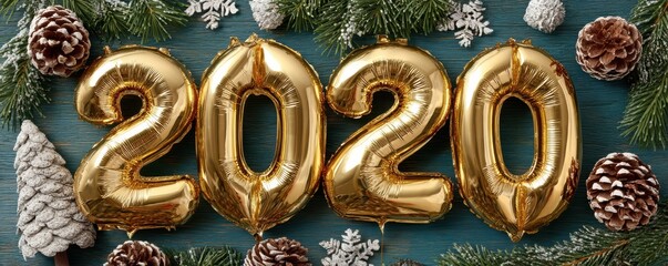 Gold number balloons spell 2020 among pine cones and snow for festive New Year decor.