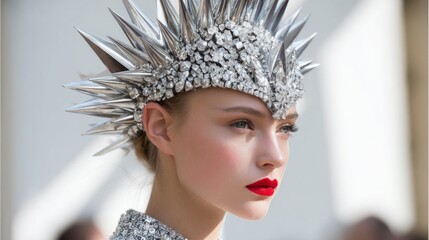 A model displays an eye-catching metallic headpiece featuring spikes and crystals at a fashion event.