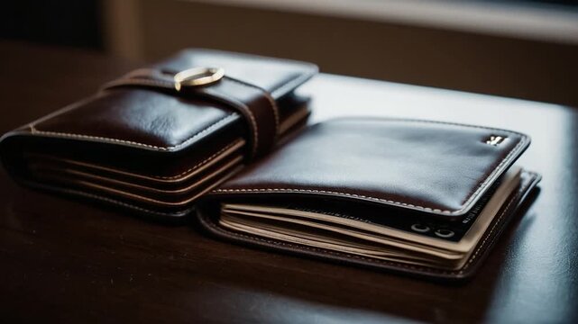 Video A pair of wallets placed on a wooden table, suitable for use in financial or office settings