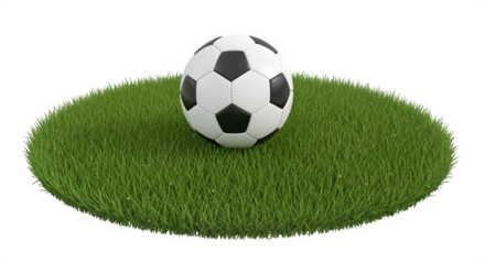 Classic black and white soccer ball resting on a vibrant green grass patch, isolated on transparent background
