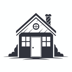 A simple monochrome house emblem showcases classic architecture with a chimney and garden