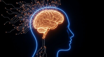 Digital brain in human head silhouette with glowing circuits and data flow