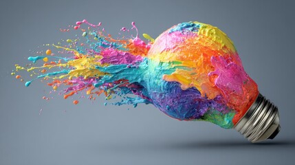A light bulb appears to explode with vivid paint in various colors, highlighting creativity and artistic expression. The deep gray backdrop enhances the splashes of blue, pink, and orange.