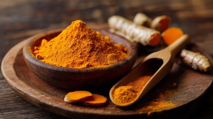 Turmeric powder and roots displayed on wooden plate with spoon in cooking setting