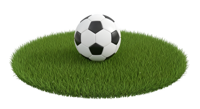Classic black and white soccer ball resting on a vibrant green grass patch, isolated on transparent background - Powered by Adobe