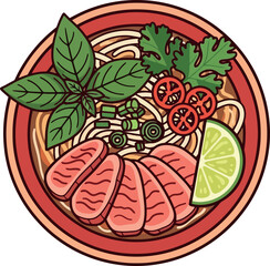 Delicious Vietnamese Pho Noodle Soup with Fresh Herbs and Meat.