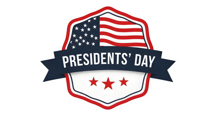 Presidents' Day patriotic emblem with American flag shield and banner, isolated on a transparent background.