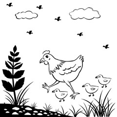 Black and white illustration of a hen leading her adorable baby chicks on coloring page