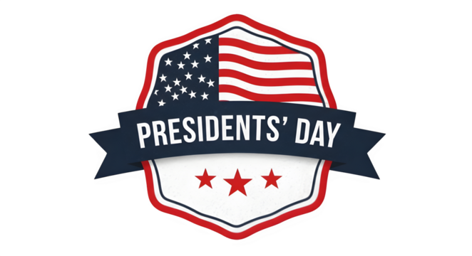 Presidents' Day patriotic emblem with American flag shield and banner, isolated on a transparent background.