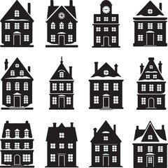 Collection of vintage style houses and buildings black silhouette design