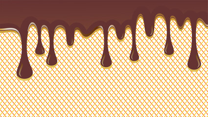 Wavy chocolate drip illustration. Choco border fresh dripped illustration background. Chocolate dripping on waffle pattern background. Dripping ice cream illustration. Melting syrup illustration.