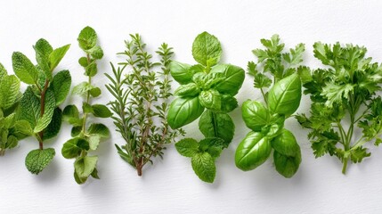 herbs on white background, vibrant herbs displayed on bright surface, colorful fresh herbs lined up for culinary visuals, assorted green herbs styled neatly on pristine white backdrop for photography
