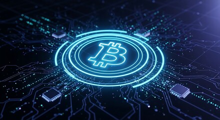 Glowing neon bitcoin symbol on futuristic digital circuit board background