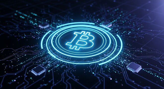 Glowing neon bitcoin symbol on futuristic digital circuit board background