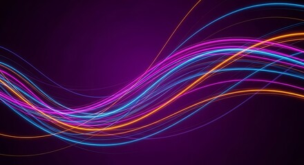 Abstract flowing neon light trails on a dark purple background