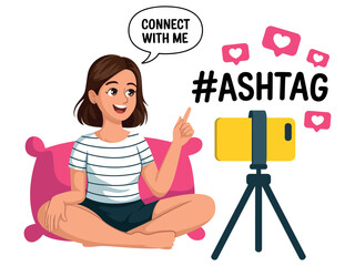 A young person sits on a cushion and records a video with a smartphone on a tripod.