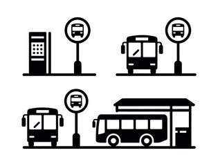 Collection of simple icons depicting bus stops and buses