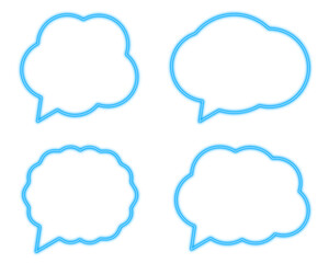 Blue cyan bubble speech comic neon light set shaped objects isolated on white background