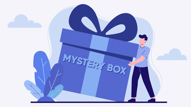 Customer Receiving a Giant Mystery Gift Box &ndash; Modern Flat Pastel Illustration