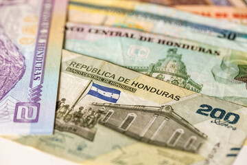 Honduran money. Banknotes on the table. Honduran lempira. Financial and economic concept