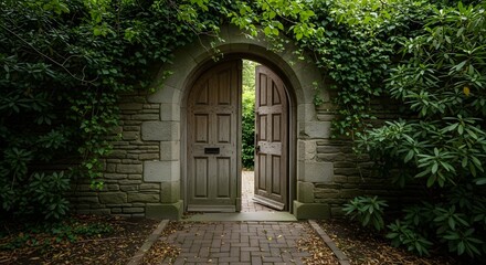archway, doorway, stone, gate, entrance, garden, path, brick, greenery, lush, foliage, nature, outdoors, exterior, architecture, old, ancient, mysterious, secret, hidden, wood, wooden, plants, trees, 