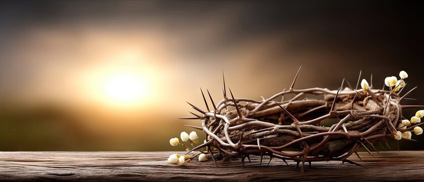 Silhouette of a cross and crown of thorns against a sunset background conveying a powerful message of faith and hope