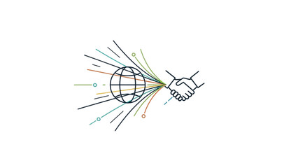 Conceptual line art illustrating global partnership and connection with a globe and handshake.