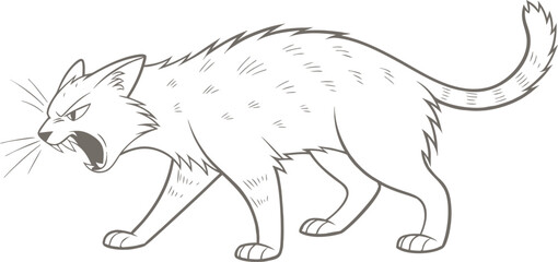 Angry cartoon cat arching its back and hissing loudly in . Fierce feline line art perfect for comics, mascot illustrations, and expressive artwork. Dynamic drawing full of power and emotion.