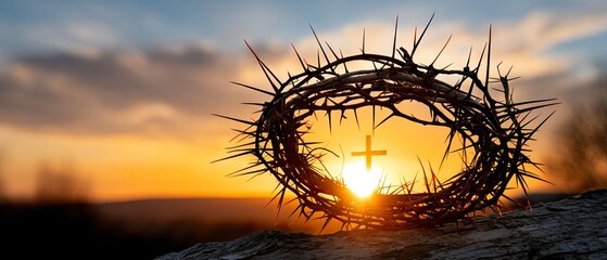 Silhouette of crown of thorns and cross against a sunset, capturing the essence of Easter with space for inspirational text