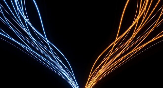Abstract trails of blue and orange light streaks on black background