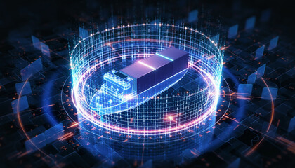 Digital Cargo Ship: A futuristic depiction of a container ship, illuminated with vibrant digital lines, symbolizing the intersection of technology and maritime transport in a connected global network.