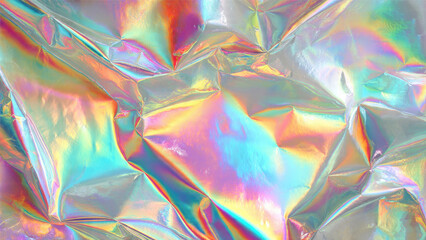 Fototapeta premium A vibrant, crumpled holographic foil surface shimmers with iridescent rainbow colors, creating a dynamic, abstract, futuristic texture and background.