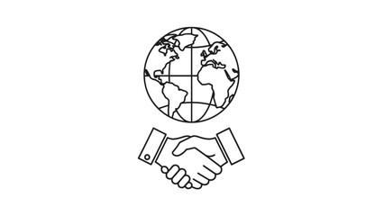 A black and white line art illustration depicting a globe above two hands shaking, symbolizing global partnership and international agreement.