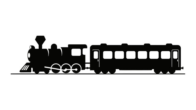 Silhouette of a black train with a locomotive and a passenger car, isolated on white background.