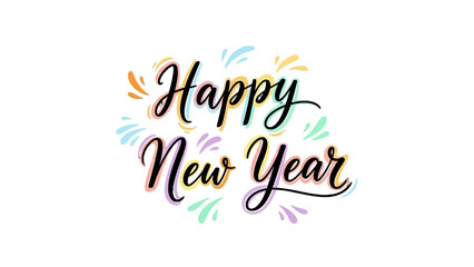 Happy New Year calligraphic text with colorful confetti splashes on a white background.